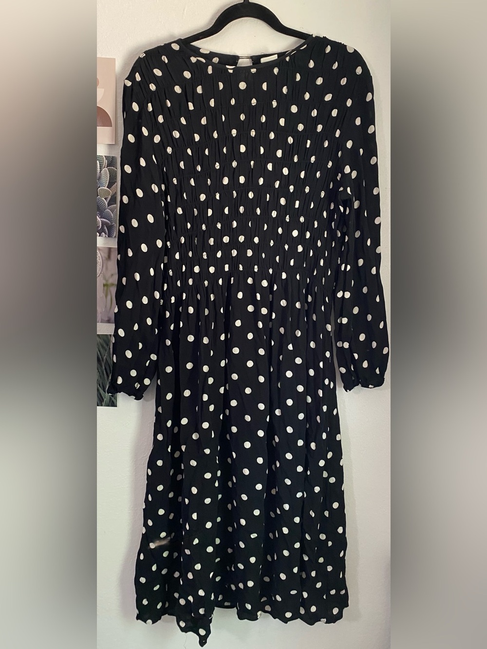 H&M Black and White Polka Dot Smocked Midi Dress